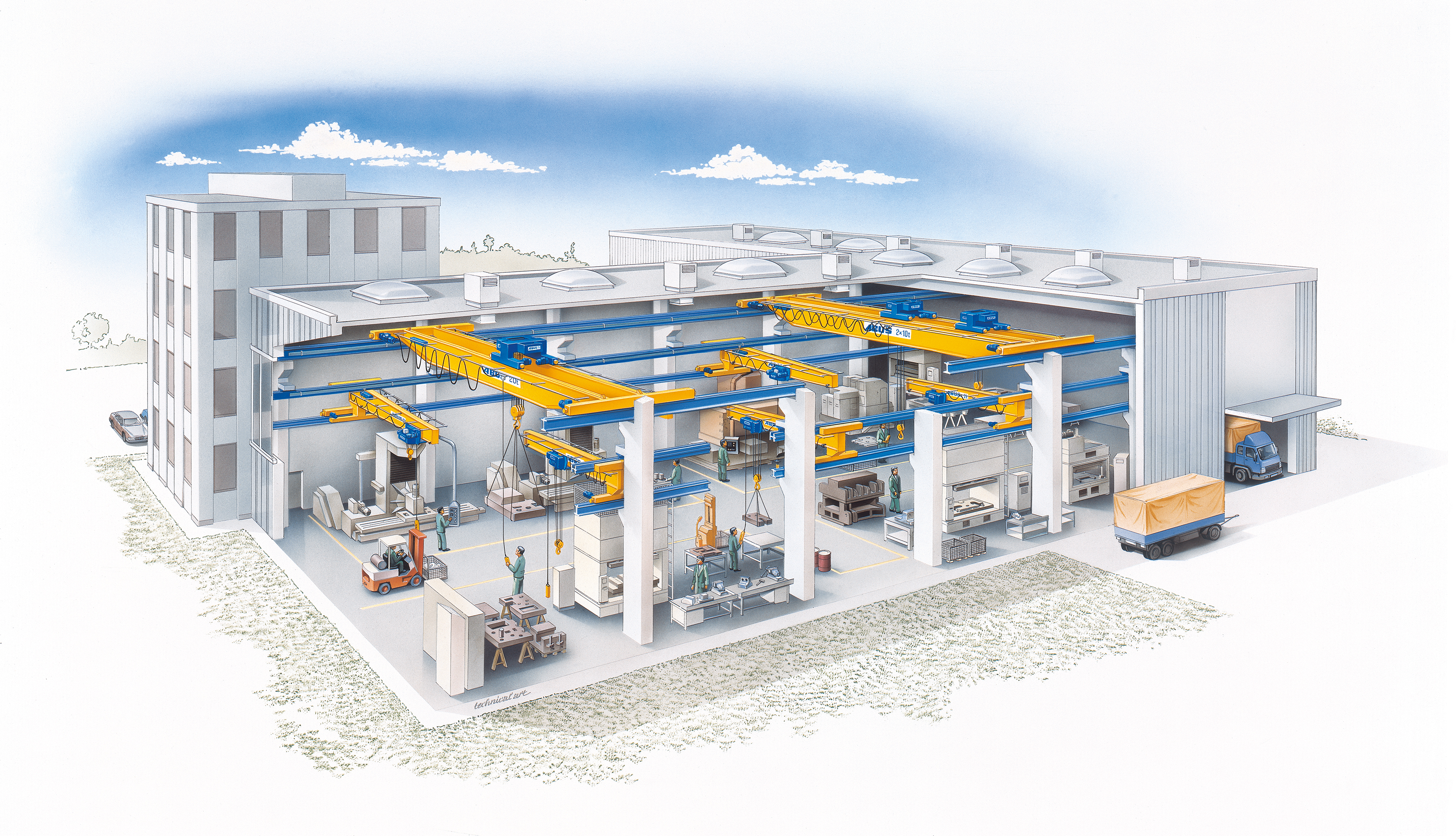 Wide view of industrial crane system in hall